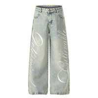 Men’s Letter-Print Washed Wide-Leg Jeans