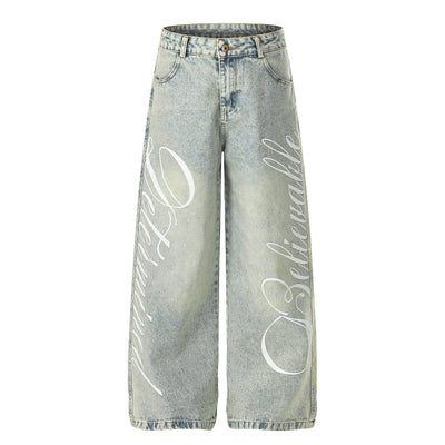 Men’s Letter-Print Washed Wide-Leg Jeans