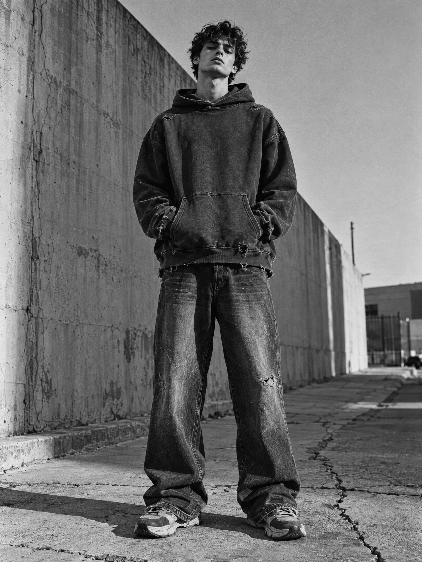 Full CARQ streetwear look: oversized hoodie, loose tee and wide-leg denim